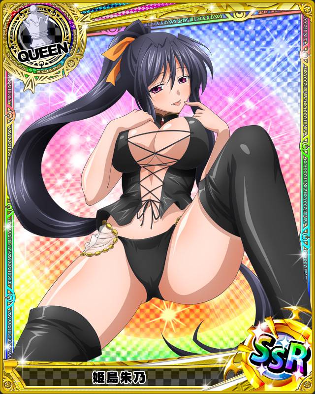 1girl artist_request black_hair black_wings board_game breasts card_(medium) character_name chess chess_piece cleavage high_school_dxd himejima_akeno lingerie long_hair official_art panties ponytail queen_(chess) red_eyes ribbon solo thigh-highs tongue trading_cards underwear very_long_hair wings