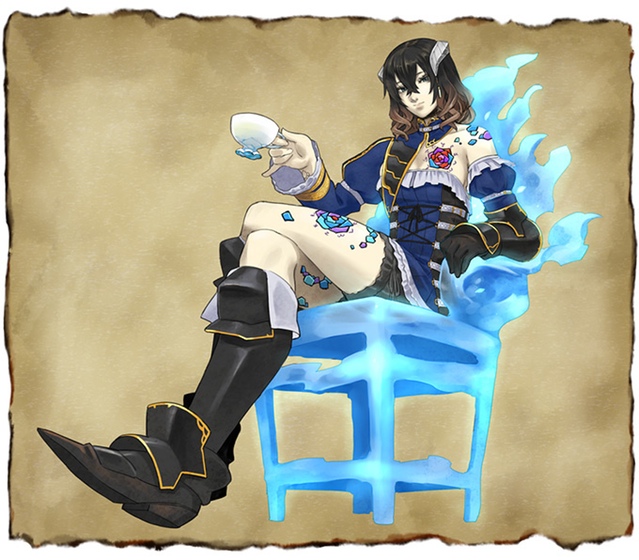 1girl black_hair bloodstained:_ritual_of_the_night blue_eyes brown_hair concept_art crossed_legs cup detached_sleeves gauntlets gradient_hair hair_between_eyes hair_ornament looking_at_viewer miriam_(bloodstained) multicolored_hair natsume_yuji official_art short_hair sitting solo stained_glass teacup