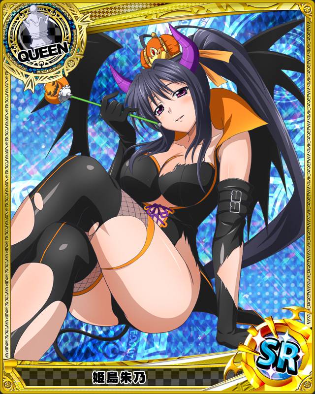 1girl artist_request bat_wings black_hair black_legwear boots breasts card_(medium) character_name chess_piece crown gloves halloween halloween_costume high_school_dxd himejima_akeno horn kneehighs legs long_hair loose_thighhigh official_art over-kneehighs pale_skin panties pantyhose ponytail queen_(chess) shoes smile solo thigh-highs thigh_boots torn_clothes trading_cards underwear very_long_hair violet_eyes wand wings