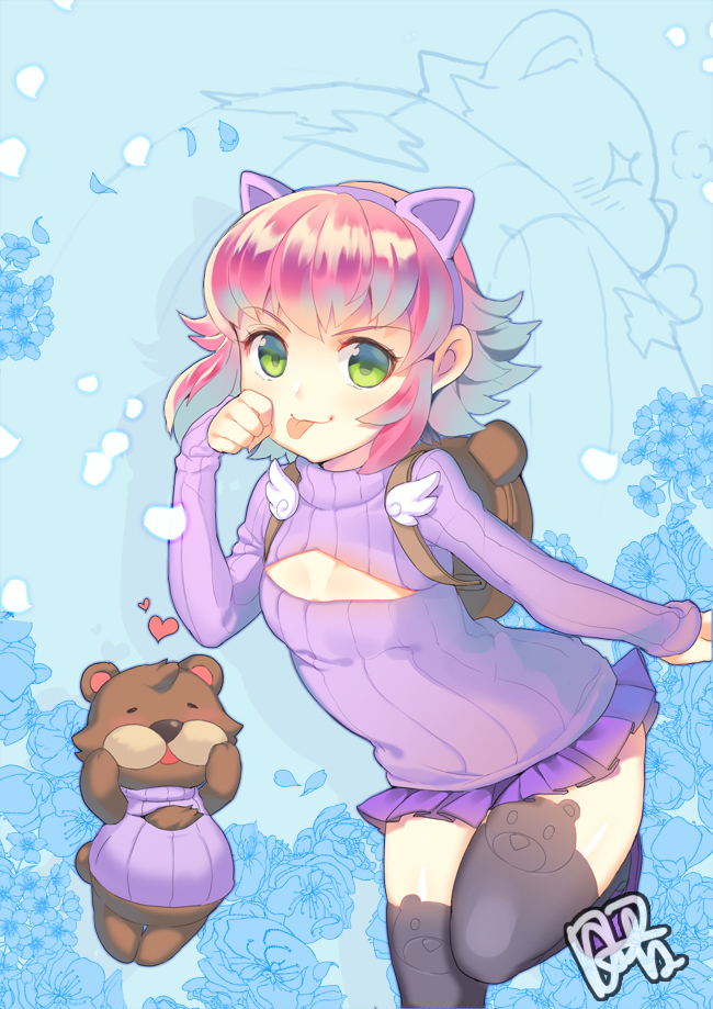 1girl :p animal_ears annie_hastur backpack bag cat_ears dakun green_eyes hairband heart league_of_legends looking_at_viewer open-chest_sweater pink_hair short_hair sleeves_past_wrists solo stuffed_animal stuffed_toy sweater teddy_bear thigh-highs tibbers tongue tongue_out