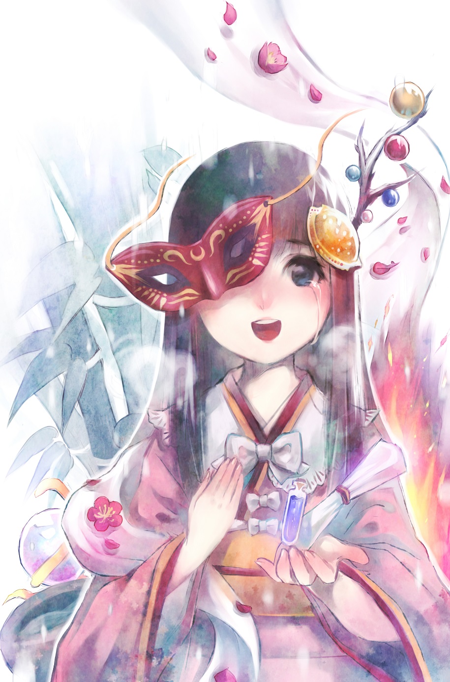 1girl bamboo black_hair blue_eyes branch breath cherry_blossoms crying fire hagoromo hair_ornament hand_on_own_chest highres houraisan_kaguya japanese_clothes jeweled_branch_of_hourai kimono long_hair looking_at_viewer mask obi one_eye_covered open_mouth outstretched_hand petals rain ribbon sanso sash scroll shawl shell solo tears touhou very_long_hair vial