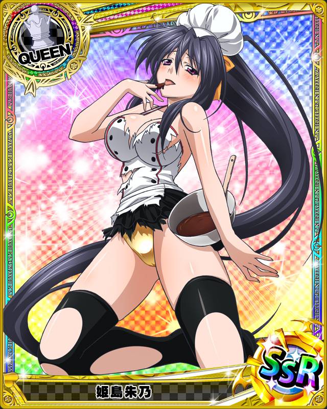 1girl black_legwear breasts card_(medium) character_name chef_hat chef_uniform chocolate hat high_school_dxd himejima_akeno large_breasts licking long_hair mixing_bowl official_art panties ponytail queen_(chess) solo thigh-highs toque_blanche torn_clothes trading_cards underwear very_long_hair