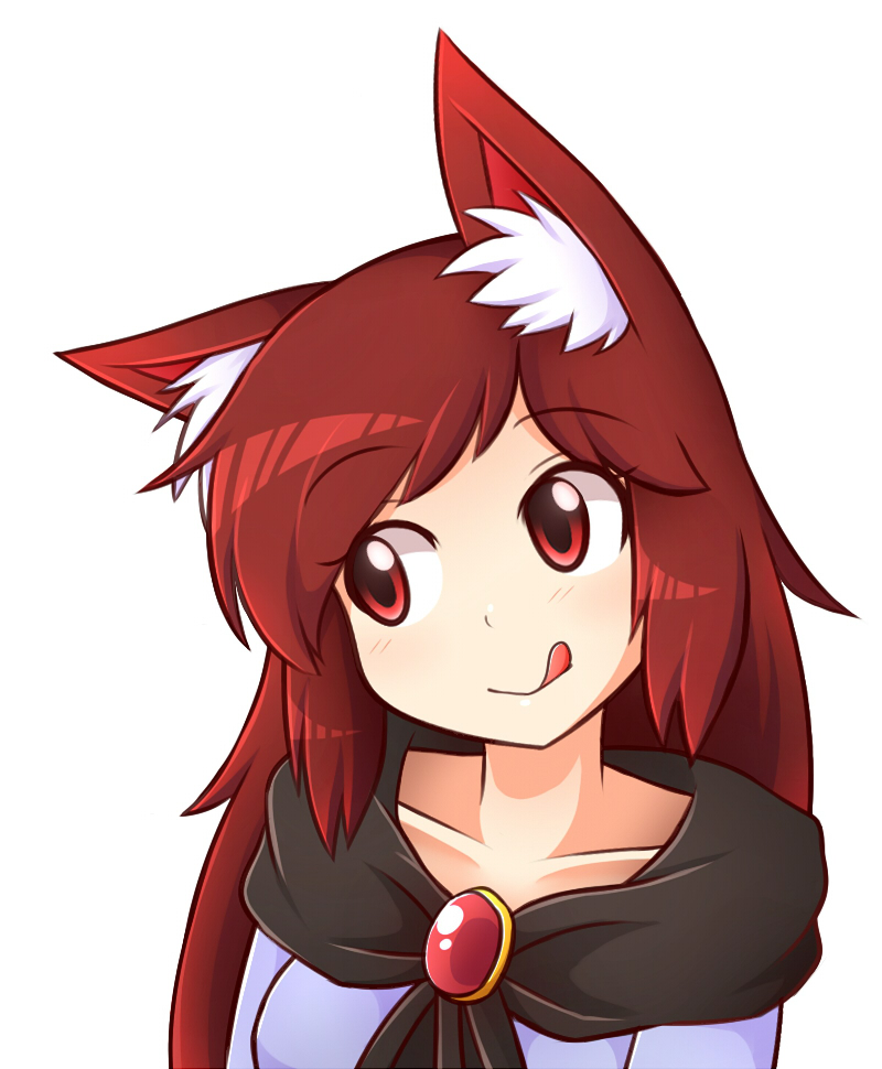 1girl animal_ears brooch brown_hair imaizumi_kagerou jewelry licking_lips long_hair red_eyes shirt smile solo tongue tongue_out touhou upper_body werewolf wolf_ears wool_(miwol)