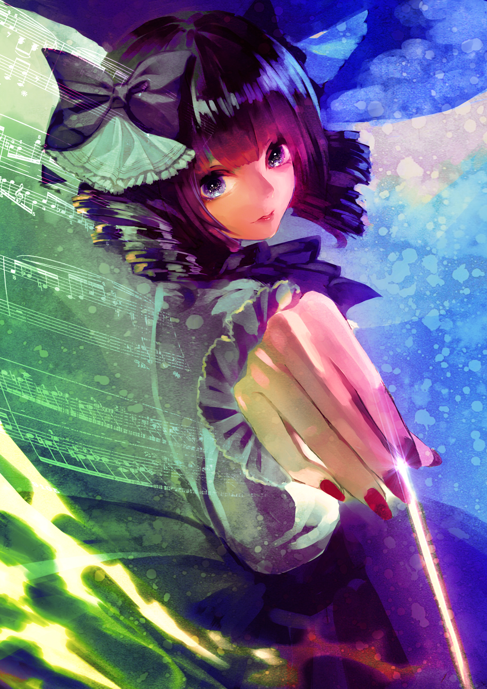 1girl bangs black_hair blue_eyes blunt_bangs bow drill_hair foreshortening frills from_side hair_bow highres looking_at_viewer nail_polish original outstretched_arm reniirean sheet_music solo upper_body