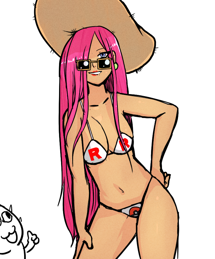 1girl 34no404 bikini biting blue_eyes breasts cleavage contrapposto earrings hair_down hair_over_one_eye hand_on_hip hand_on_thigh hat jewelry lip_biting lipstick long_hair makeup meowth musashi_(pokemon) pink_hair pokemon pokemon_(anime) solo sun_hat sunglasses swimsuit team_rocket thumbs_up