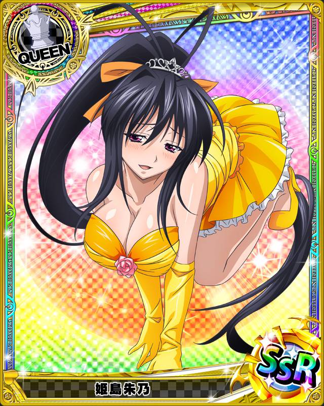 1girl all_fours antenna_hair bare_shoulders black_hair blush breasts card_(medium) character_name cleavage flower gloves hanging_breasts high_heels high_school_dxd himejima_akeno long_hair no_socks official_art parted_lips queen_(chess) shiny shiny_skin solo trading_cards very_long_hair yellow_gloves