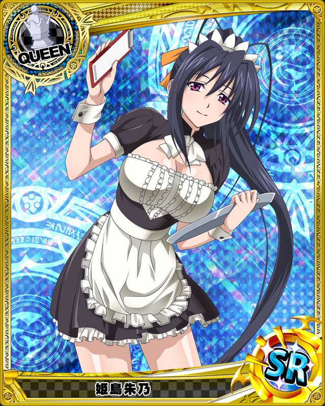 1girl bishop_(chess) black_hair breasts card_(medium) cleavage high_school_dxd himejima_akeno maid notepad official_art ponytail solo trading_cards tray violet_eyes