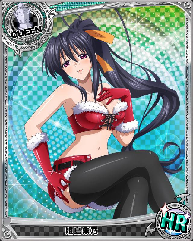 1girl breasts card_(medium) christmas cleavage gloves hair_ribbon hand_on_own_chest high_school_dxd himejima_akeno navel official_art ponytail queen_(chess) red_gloves ribbon santa_costume solo thigh-highs torn_clothes trading_cards