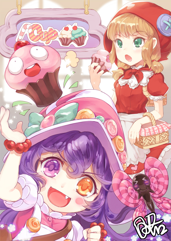 &gt;_&lt; 2girls annie_hastur bite_mark blonde_hair blush_stickers bracelet candy candy_cane cupcake dakun eating fang food_as_clothes food_themed_clothes green_eyes hat heterochromia jewelry league_of_legends little_red_riding_hood little_red_riding_hood_(grimm) looking_at_viewer lulu_(league_of_legends) multiple_girls open_mouth orange_eyes pix purple_hair twintails violet_eyes wings witch_hat
