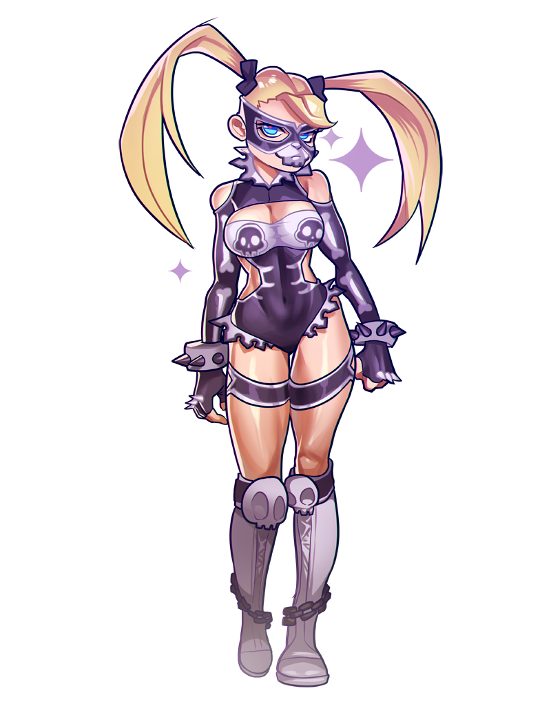 1girl adapted_costume bare_shoulders blonde_hair blue_eyes boots bracelet breasts chain cleavage covered_mouth covered_navel cross-laced_footwear elbow_gloves fingerless_gloves full_body gloves jewelry knee_boots lace-up_boots large_breasts long_hair mask oskar_vega rainbow_mika skull_print solo spiked_bracelet spikes standing street_fighter street_fighter_zero street_fighter_zero_3 twintails wrestling_outfit