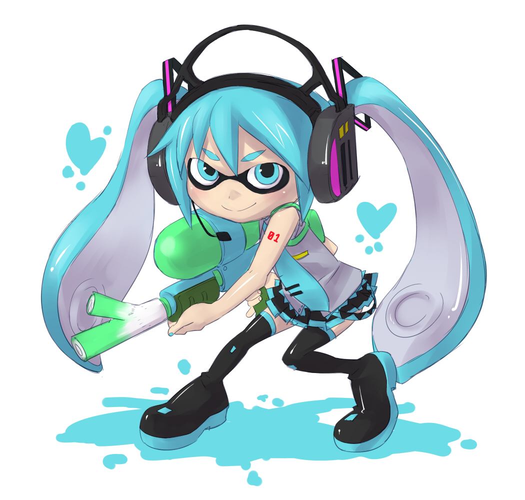 1girl black_skirt blue_eyes blue_hair boots cosplay hatsune_miku hatsune_miku_(cosplay) headphones heart holding inkling long_hair mask necktie pleated_skirt shoumaru_(gadget_box) simple_background skirt smile solo splatoon spring_onion super_soaker tentacle_hair thigh-highs thigh_boots twintails vocaloid white_background zettai_ryouiki