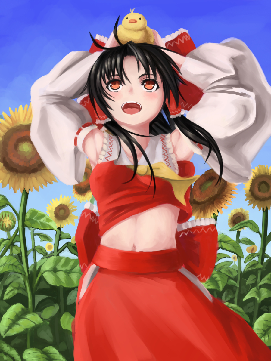 1girl animal_on_head armpits arms_up ascot bird bird_on_head black_hair blue_sky bow breasts cowboy_shot flower hair_bow hair_tubes hakurei_reimu highres long_hair looking_at_another looking_up midriff navel nuppa orange_eyes outdoors ribbon-trimmed_sleeves ribbon_trim side_slit skirt sky smile solo sunflower touhou wind wind_lift