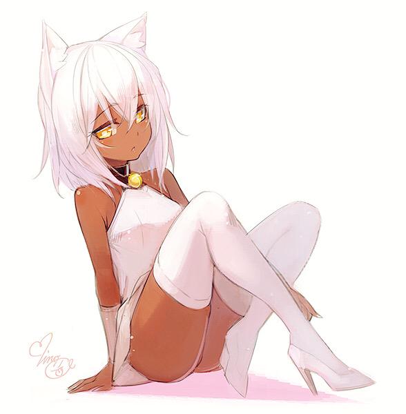 1girl amber_eyes animal_ears bell bell_collar collar commentary dark_skin high_heels minoa_(lastswallow) thighs white_background white_hair