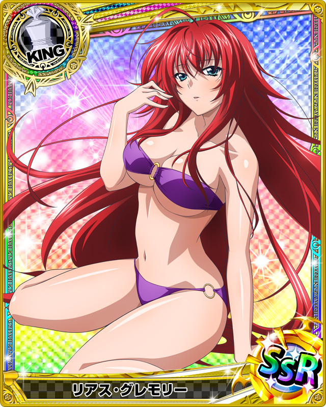 1girl ahoge belly blue_eyes blush breasts card_(medium) character_name hand_in_hair high_school_dxd knight_(chess) large_breasts long_hair official_art panties purple_panties redhead rias_gremory solo trading_cards underwear