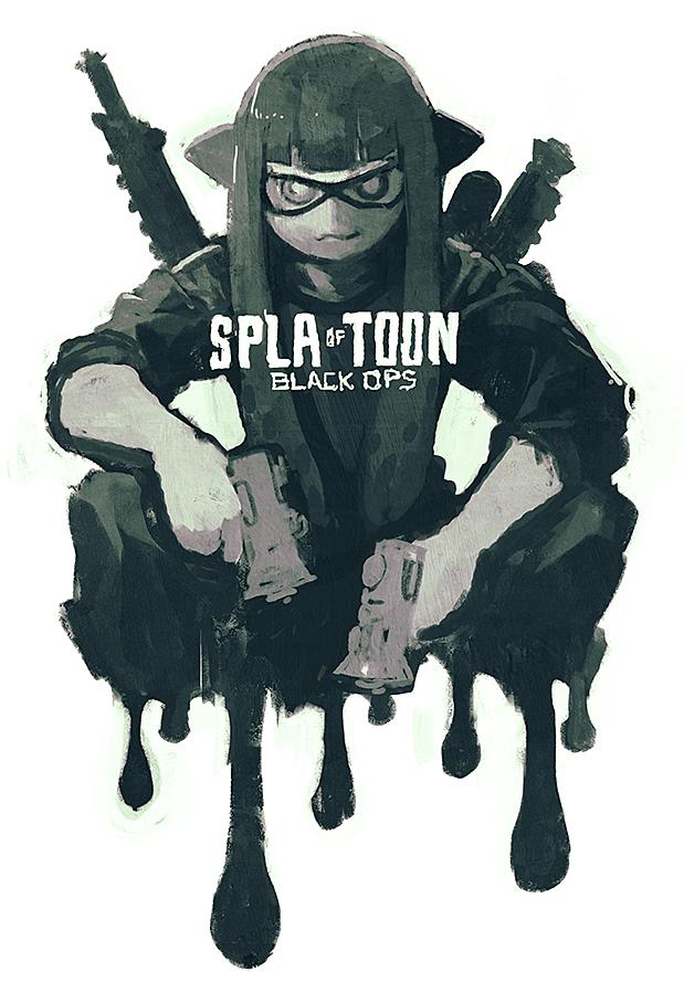 1girl :3 call_of_duty call_of_duty:_black_ops copyright_name domino_mask dripping dual_wielding huke inkling monochrome parody pointy_ears sitting smirk splatoon tentacle_hair water_gun