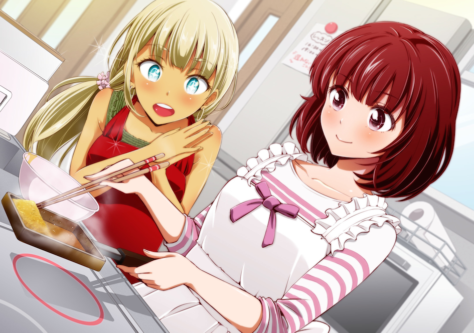 2girls alessandra_susu alternate_hairstyle apron blonde_hair blue_eyes chopsticks cooking earrings hands_together hoop_earrings jewelry kasukabe_haru kazuo_daisuke multiple_girls omelet open_mouth ponytail red_eyes redhead ribbon sparkle_eyes tamagoyaki tokyo_7th_sisters