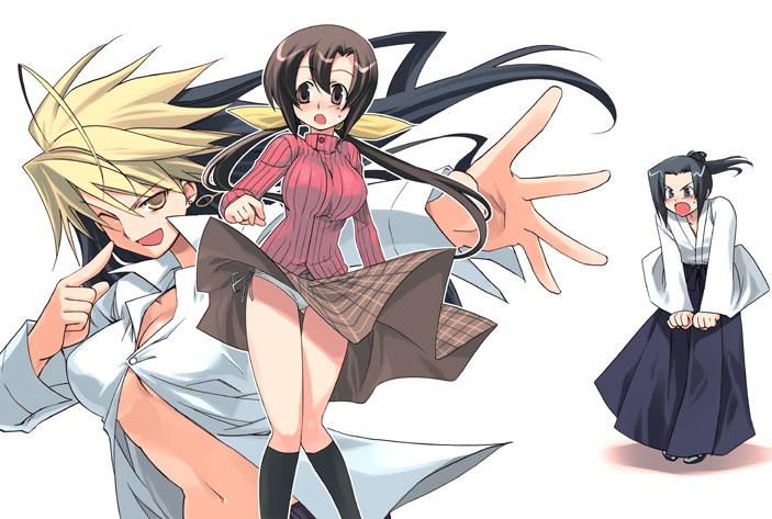 1boy 2girls ;) black_hair blonde_hair breasts brown_hair character_request commentary_request copyright_request earrings hakama ishida_akira japanese_clothes jewelry long_hair long_skirt multicolored_hair multiple_girls no_bra one_eye_closed outstretched_arm panties pantyshot pantyshot_(standing) plaid plaid_skirt ribbed_sweater side-tie_panties sideboob skirt smile socks split_ponytail standing sweater two-tone_hair underwear wind_lift