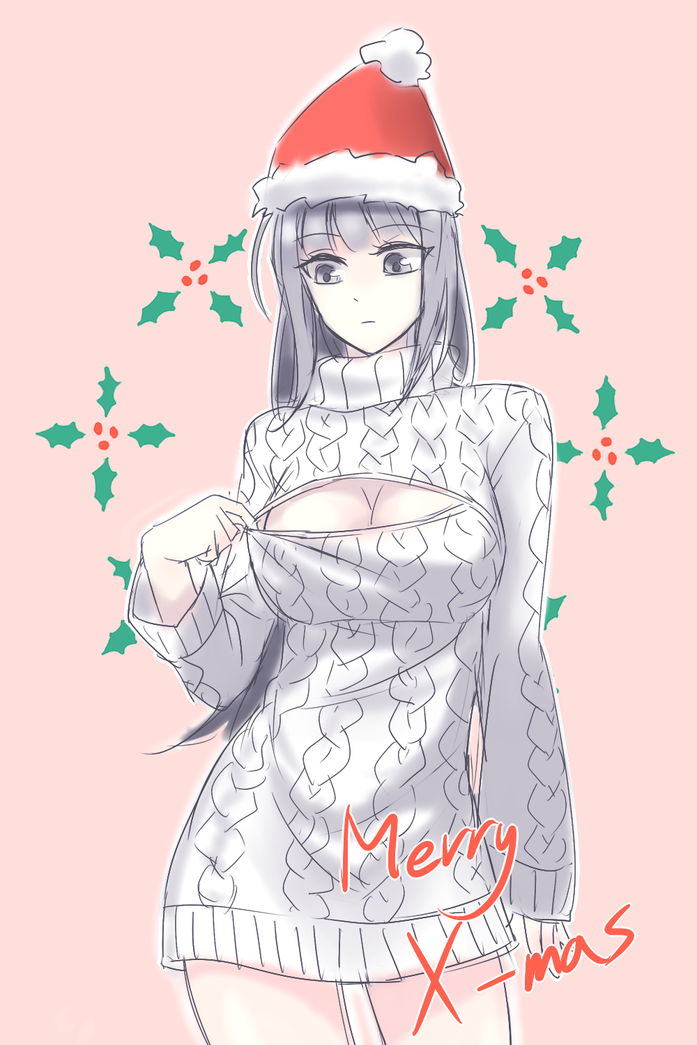1girl aken aran_sweater black_hair breasts character_request cleavage cleavage_cutout cleavage_reach contrapposto hat highres large_breasts long_hair open-chest_sweater overlord_(maruyama) santa_hat solo sweater sweater_dress turtleneck
