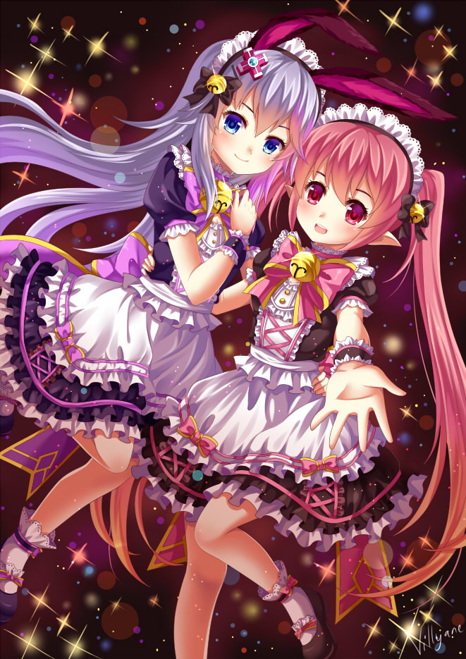 2girls animal_ears aura_kingdom bell blue_eyes character_request dress jingle_bell long_hair mary_janes multiple_girls outstretched_hand pink_eyes pointy_ears purple_hair rabbit_ears redhead shoes smile socks villyane