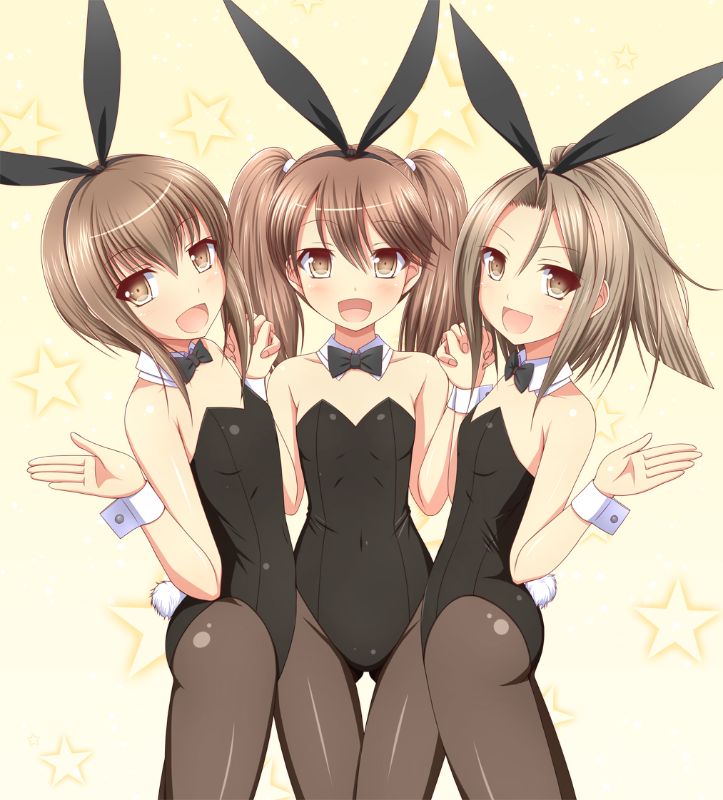 3girls :d animal_ears brown_eyes brown_hair bunny_girl bunny_tail bunnysuit detached_collar flat_chest girl_sandwich holding_hands kantai_collection kk-sk-ray multiple_girls open_mouth pantyhose ponytail rabbit_ears ryuujou_(kantai_collection) sandwiched short_hair small_breasts smile taihou_(kantai_collection) tail twintails wrist_cuffs zuihou_(kantai_collection)