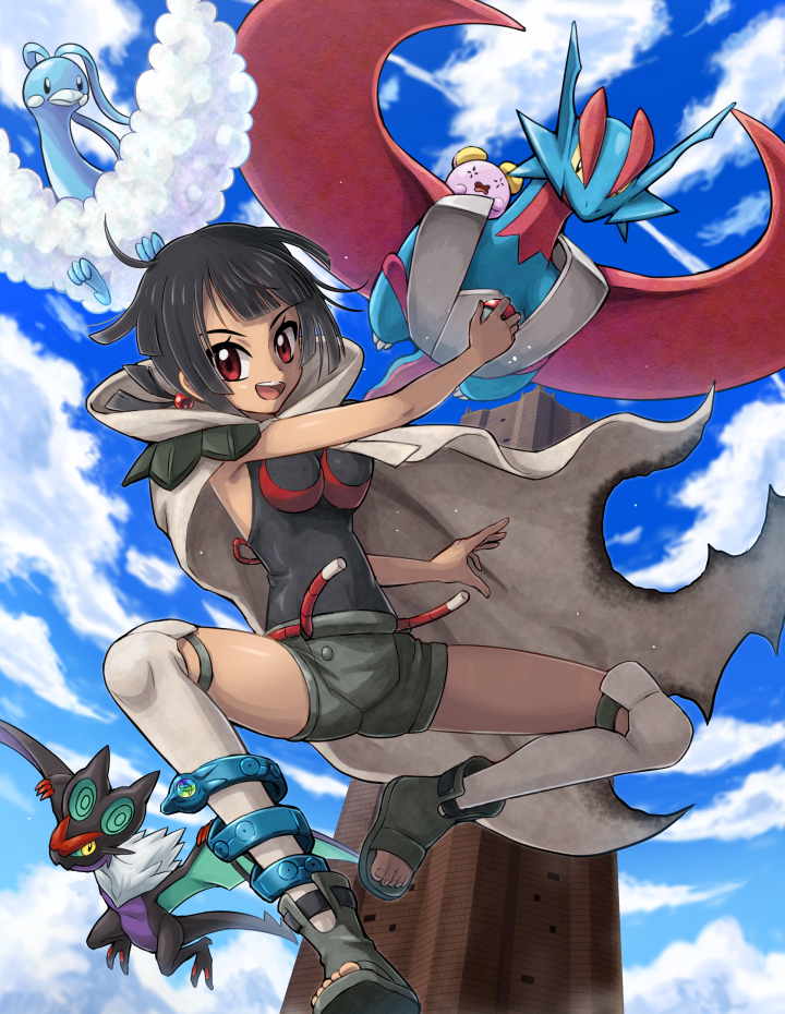 1girl altaria ankle_boots anklet black_hair blue_sky boots chaps cloak clouds full_body higana_(pokemon) holding holding_poke_ball jewelry looking_at_viewer mega_salamence noivern over-kneehighs poke_ball pokemoa pokemon pokemon_(creature) pokemon_(game) pokemon_oras red_eyes salamence short_hair short_ponytail short_shorts shorts shoulder_pads sky thigh-highs toeless_boots whismur