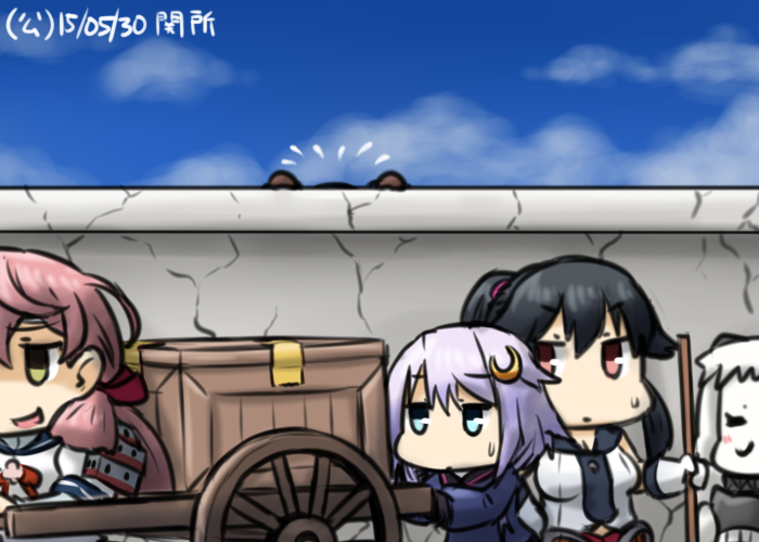 5girls akashi_(kantai_collection) amber_eyes aqua_eyes bangs bismarck_(kantai_collection) cart closed_eyes comic crate crescent_hair_ornament enemy_aircraft_(kantai_collection) fake_mustache gloves hair_ornament hamu_koutarou kantai_collection long_hair messy_hair multiple_girls northern_ocean_hime pale_skin parted_bangs pauldrons payot pink_hair pole ponytail purple_hair red_eyes school_uniform scrunchie serafuku shinkaisei-kan short_hair silent_comic tape white_hair yahagi_(kantai_collection) yayoi_(kantai_collection)