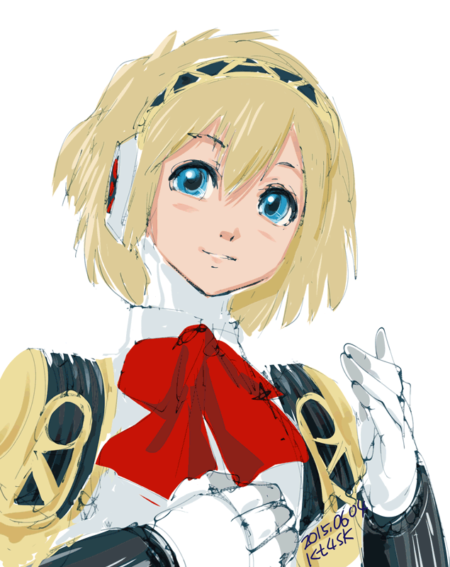 1girl 2015 4suke aegis aegis_(persona) android blonde_hair blue_eyes dated hairband looking_away persona persona_3 robot_joints short_hair simple_background smile solo twitter_username upper_body white_background