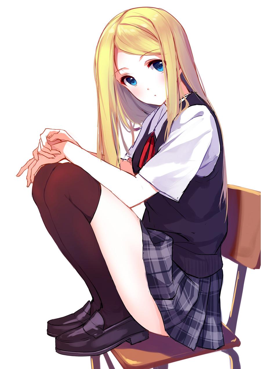 1girl bangs black_legwear black_shoes blonde_hair blue_eyes blush caidychen chair dress_shirt emma_(caidychen) female highres kneehighs knees_up loafers long_hair looking_at_viewer parted_bangs plaid plaid_skirt school_uniform shirt shoes short_sleeves simple_background sitting skirt solo vest white_background