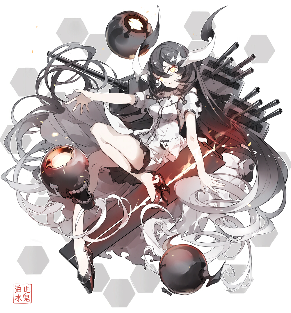 1girl anchorage_water_oni bare_shoulders black_hair dress gradient_hair horns kantai_collection long_hair machinery multicolored_hair nine_(liuyuhao1992) orange_eyes overskirt pale_skin red_eyes revision shinkaisei-kan solo very_long_hair white_dress white_hair white_skin