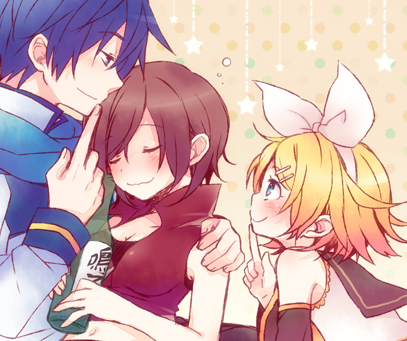 1boy 2girls alcohol arm_warmers blonde_hair blue_eyes blue_hair blush bow breasts brown_hair cleavage closed_eyes finger_to_mouth hair_bow hair_ornament hairclip kagamine_rin kaito long_sleeves looking_at_another meiko multiple_girls popped_collar sailor_collar sake scarf short_hair sleeping sleeveless smile tsuyuka_(sunny_spot) vocaloid