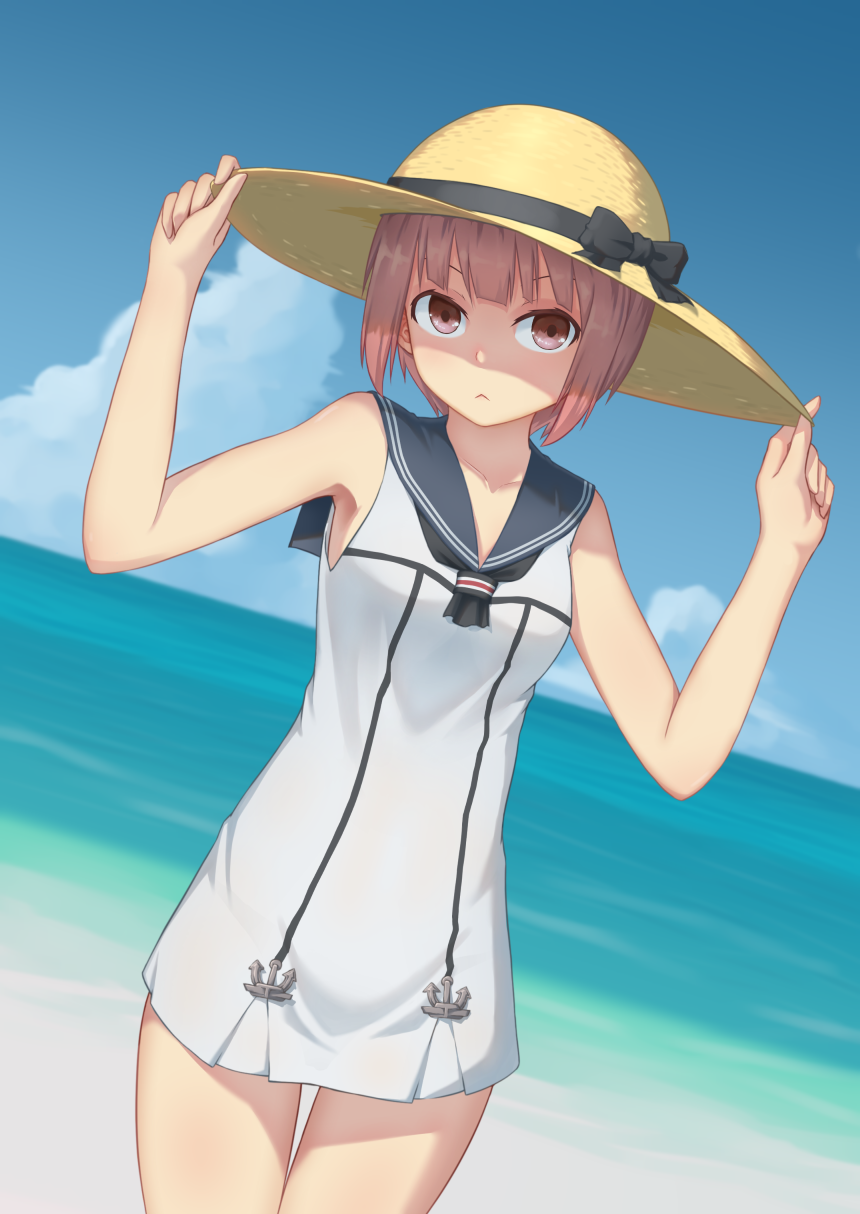 1girl :&lt; adapted_costume bangs bare_legs bare_shoulders beach blue_sky blunt_bangs bow brown_eyes brown_hair collarbone cowboy_shot dress hat hat_bow highres kantai_collection looking_at_viewer neckerchief ocean sailor_collar sailor_dress seatollead sky solo sun_hat white_dress z3_max_schultz_(kantai_collection)