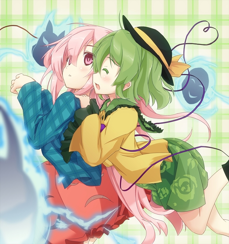 2girls bow bubble_skirt closed_eyes eyeball fox_mask green_eyes green_hair hands_on_another's_shoulders hat hat_ribbon hata_no_kokoro heart komeiji_koishi kurokumaneko long_hair mask multiple_girls open_mouth pink_eyes pink_hair plaid plaid_shirt ribbon shirt short_hair skirt smile third_eye touhou