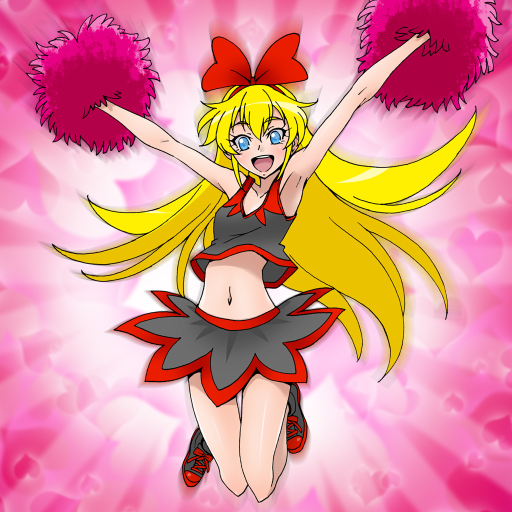 1girl :d arms_up blonde_hair blue_eyes bow cheerleader dokidoki!_precure eunos grey_skirt hair_bow hairband happy jumping long_hair midriff navel open_mouth pom_poms precure red_bow regina_(dokidoki!_precure) shirt shoes skirt sleeveless sleeveless_shirt smile solo