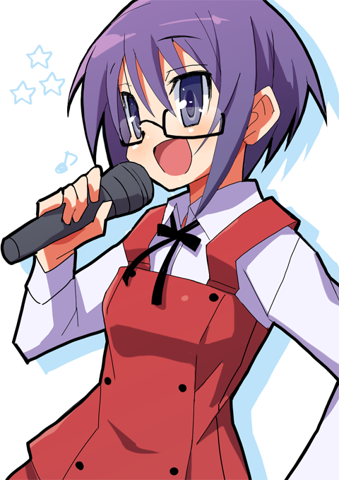 blue_eyes glasses hidamari_sketch microphone musical_note purple_hair sae school_uniform singing solo star