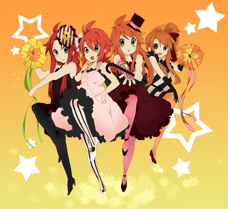 alternate_costume asch cover crossdressing crossdressinging don't_say_"lazy" dress dual_persona elbow_gloves flower gloves green_eyes hair_ornament hat hyerry k-on! long_hair luke_fon_fabre male multiple_boys multiple_girls orange_background orange_hair pantyhose parody pink_legwear red_hair redhead short_hair side_ponytail star tales_of_(series) tales_of_the_abyss trap