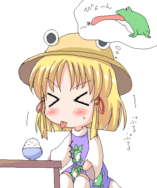 :p blonde_hair blush bowl bug chibi failure fly frog geetsu hat kneehighs long_sleeves moriya_suwako oekaki ribbon rice short_hair socks solo sweatdrop tongue touhou trembling