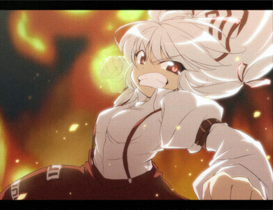 angry anime_coloring artist_request bow burning_hand clenched_hands clenched_teeth dark fighting_stance fire foreshortening fujiwara_no_mokou hair_bow hair_ribbon leaning_back long_sleeves lowres orange_(color) pants punching red_eyes ribbon shirt silver_hair slit_pupils solo suspenders touhou touya_(the-moon) white_shirt