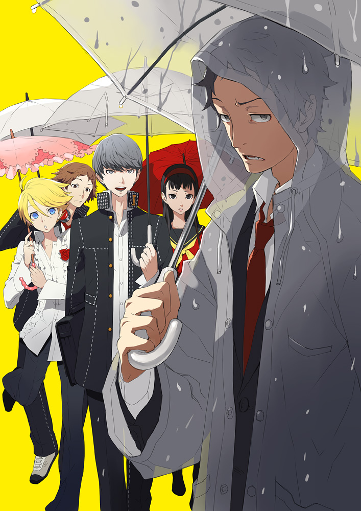 adachi_tohru amagi_yukiko formal ginsyari hanamura_yousuke kuma_(persona_4) narukami_yuu necktie persona persona_4 rain raincoat school_uniform seta_souji simple_background suit umbrella