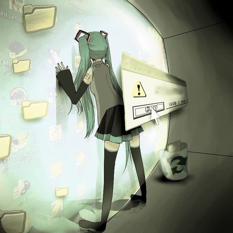 aqua_hair bad_id computer hatsune_miku hatsune_miku_no_shoushitsu_(vocaloid) long_hair skirt solo tamayo thigh-highs thighhighs twintails vocaloid zettai_ryouiki