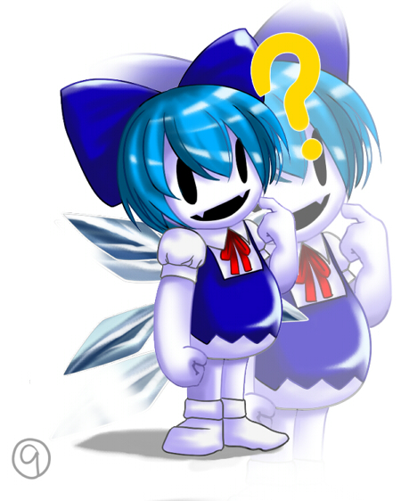 1other ? atlus blue_hair bow cirno cirno_(cosplay) confused cosplay crossover jack_frost megami_tensei no_humans parody persona qbthgry shin_megami_tensei snowman super_smash_bros. team_shanghai_alice touhou ⑨