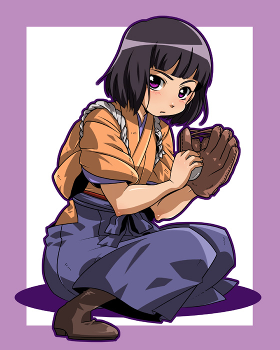 bangs baseball baseball_mitt black_hair blunt_bangs bob_cut boots hakama ishigaki_tamaki japanese_clothes kimono purple_eyes short_hair taishou_yakyuu_musume uroko_(265) violet_eyes