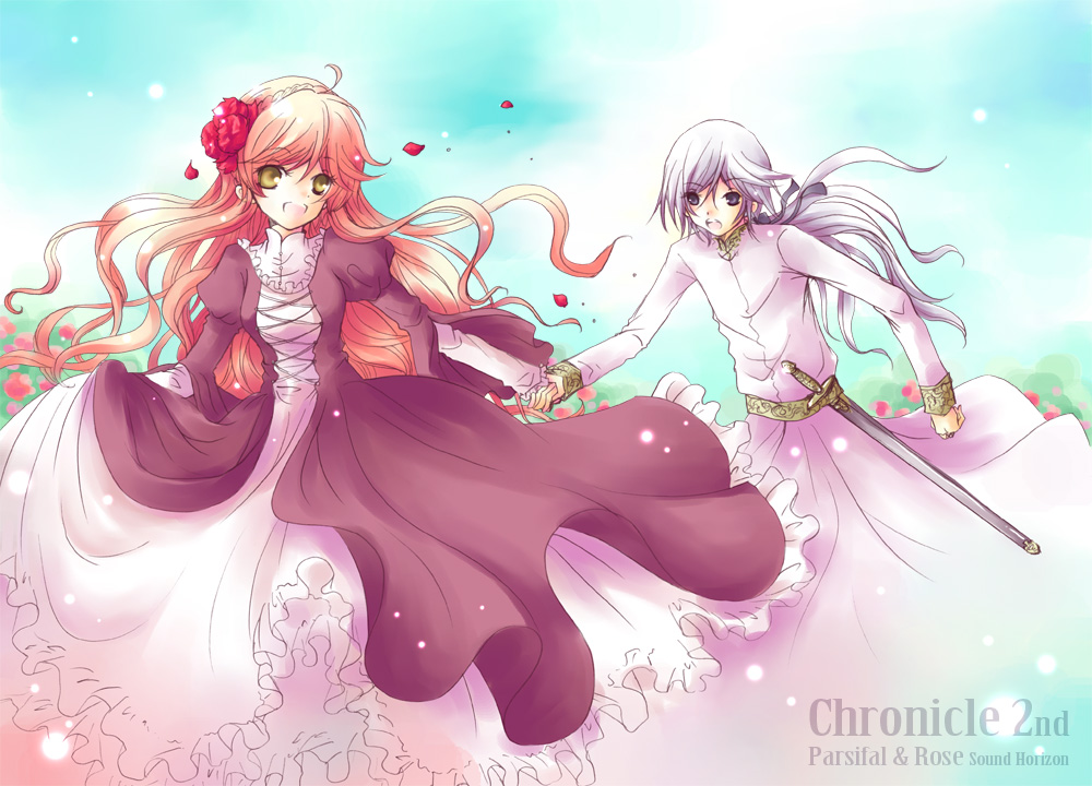 blue_eyes chronicle_2nd dress flower holding_hands long_hair muu parsifal petals red_hair redhead rose_guine_avalon sky sound_horizon sword victorian weapon white_hair yellow_eyes