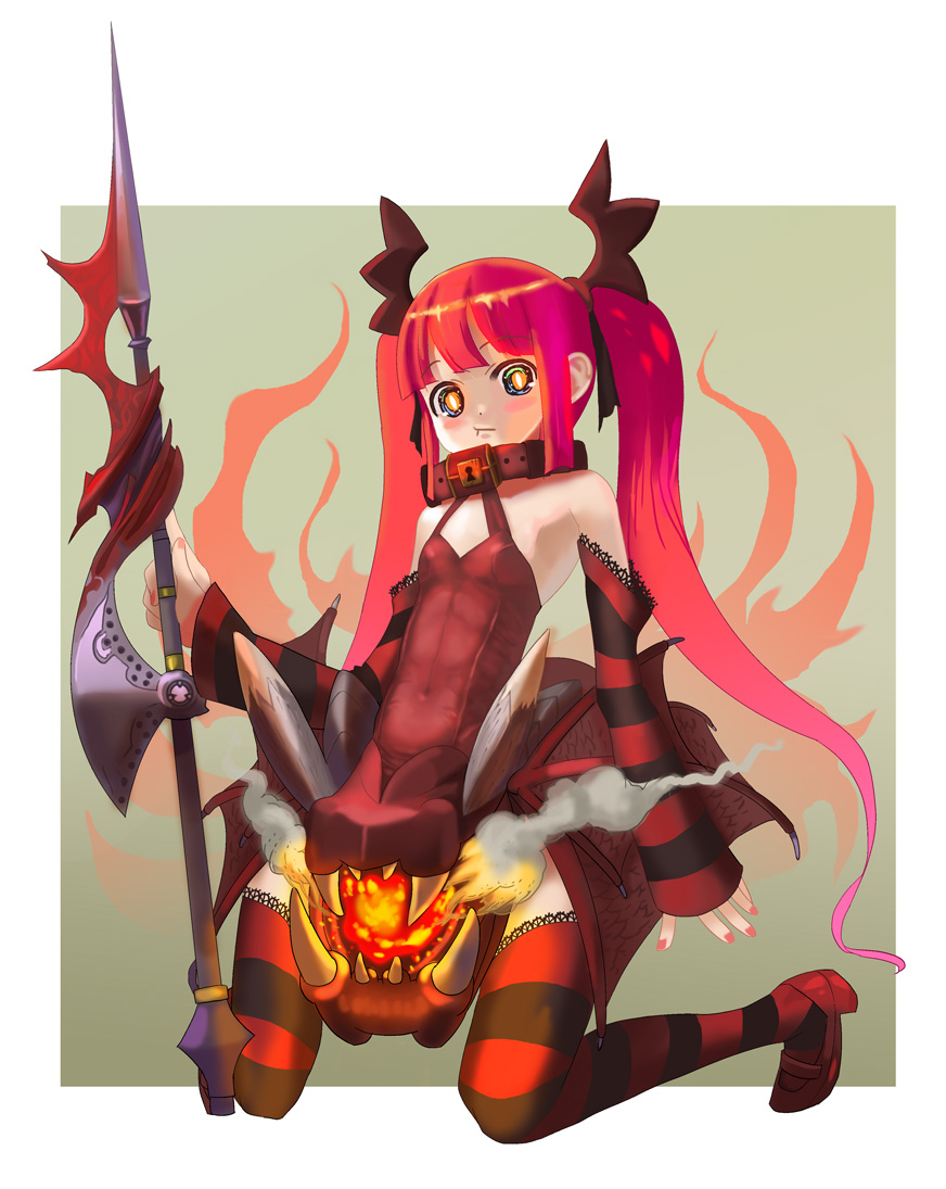 armor bad_anatomy blush collar detached_sleeves fang fire flat_chest head_wings headwings horns kanipanda kneeling long_hair original red_hair redhead smoke striped striped_legwear striped_thighhighs thighhighs twintails weapon