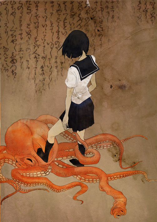 animal_cruelty black_legwear bob_cut cursive fine_art_parody mashi nihonga octopus parody school_uniform serafuku short_hair skirt socks stomp tentacle tentacles ukiyo-e