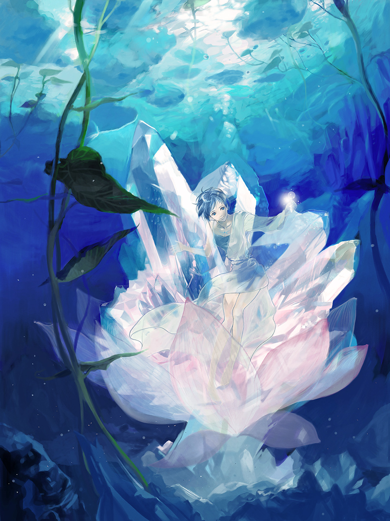 crystal flower legs lotus ni-co niko_(silent.whitesnow) original plant short_hair solo underwater