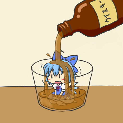 barefoot blue_hair blush blush_stickers bow chibi cirno cup girl_in_a_cup in_container in_cup kakushiaji kneeling minigirl ribbon short_hair touhou translated whiskey wings |_|