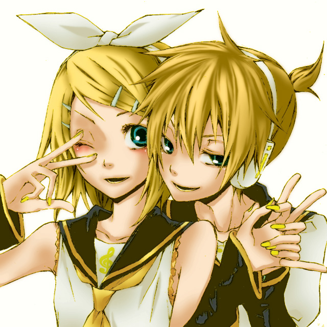 \m/ blue_eyes hair_ornament hair_ribbon hairclip headphones kagamine_len kagamine_rin nail_polish ribbon sakura_wa_homura short_hair siblings simple_background smile twins v vocaloid wink