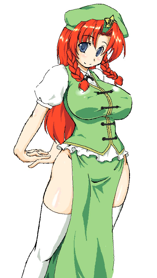 beret blue_eyes braid breasts china_dress chinadress chinese_clothes curvy hat hong_meiling impossible_clothes impossible_shirt large_breasts long_hair lute_(artist) no_panties oekaki red_hair redhead shirt solo thigh-highs thighhighs touhou twin_braids wide_hips