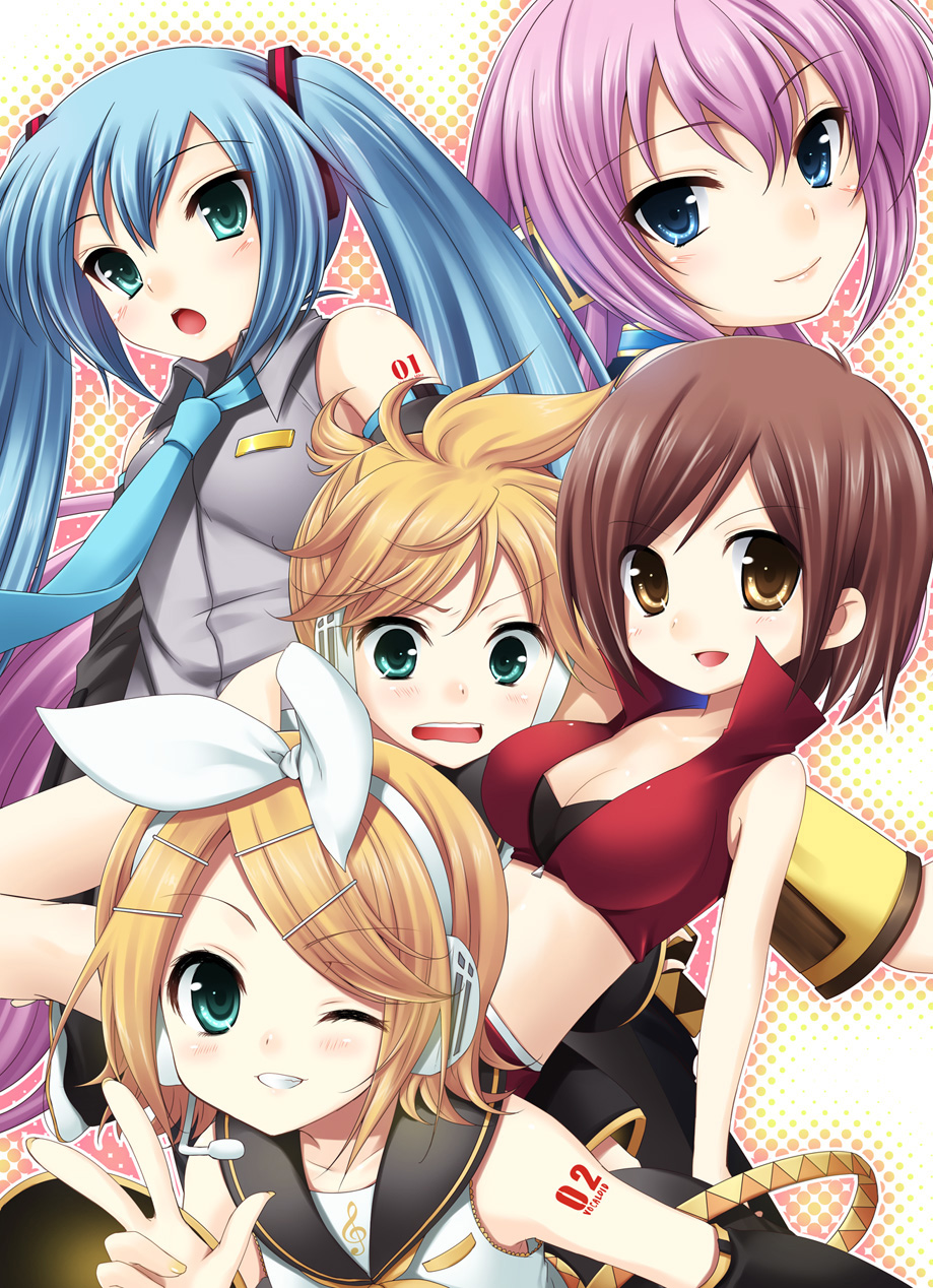 aqua_hair blonde_hair blue_eyes breasts brown_eyes brown_hair cleavage detached_sleeves hair_ornament hair_ribbon hairclip hatsune_miku hazuki_(etcxetc) headphones headset highres kagamine_len kagamine_rin long_hair megurine_luka meiko midriff pink_hair ribbon short_hair siblings smile twins twintails v vocaloid wink