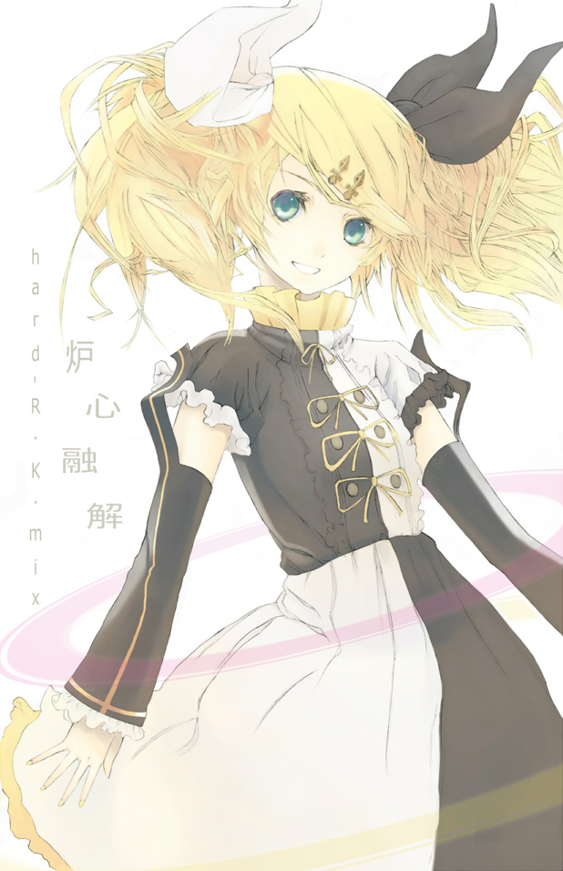 alternate_hairstyle aqua_eyes blonde_hair ciev detached_sleeves dress hair_ornament hair_ribbon hairclip kagamine_rin kagamine_rin_(roshin_yuukai/hard_rkmix) long_hair maru_(pixiv519661) meltdown_(vocaloid) ribbon roshin_yuukai_(vocaloid) smile solo twintails vocaloid